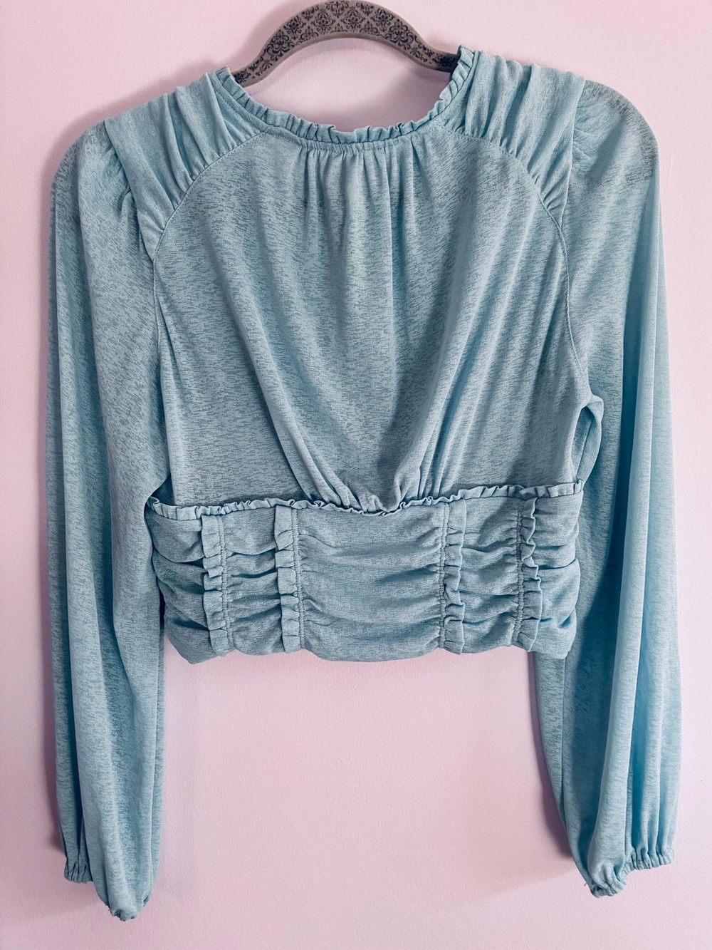 Anthropology Light Blue Ruched Button-Front Crop Top - Picture 3 of 10